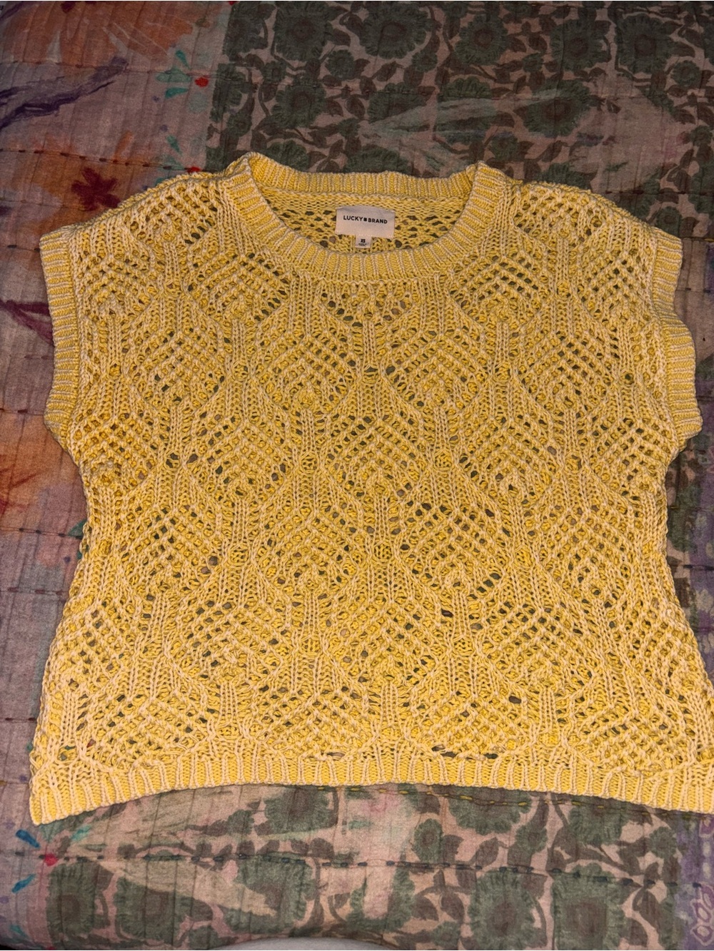 Lucky Brand Bright Yellow Open-Knit Short Sleeve Sweater Top